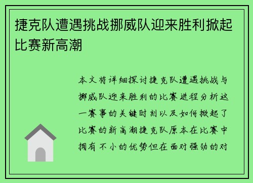 捷克队遭遇挑战挪威队迎来胜利掀起比赛新高潮