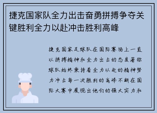 捷克国家队全力出击奋勇拼搏争夺关键胜利全力以赴冲击胜利高峰
