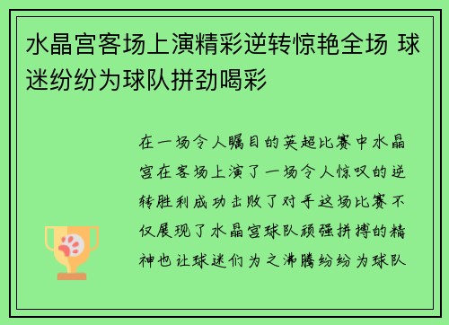 水晶宫客场上演精彩逆转惊艳全场 球迷纷纷为球队拼劲喝彩