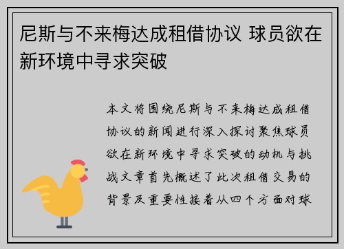 尼斯与不来梅达成租借协议 球员欲在新环境中寻求突破