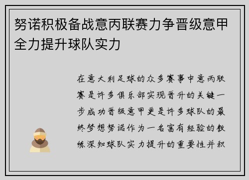 努诺积极备战意丙联赛力争晋级意甲全力提升球队实力